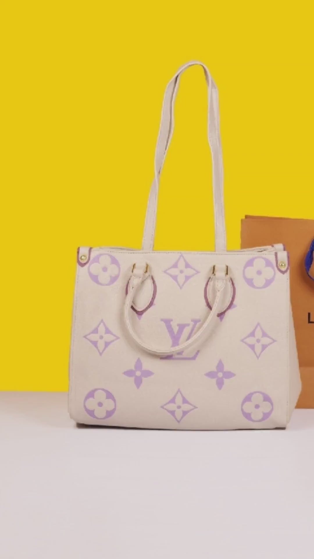 On The Go Monogram Premium Leather Tote Bag With Dust Bag (White Purple - 958)